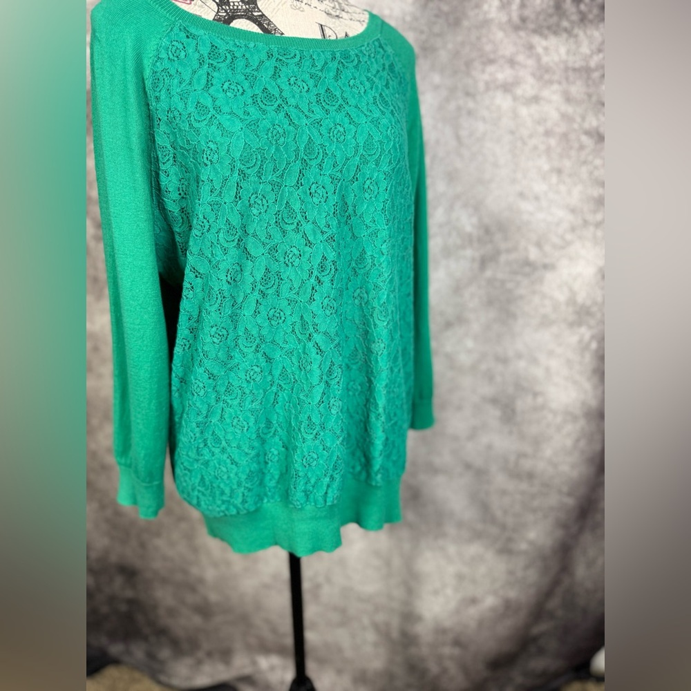 LOFT Vibrant Green Cotton w/Lace Overlay Knit Top Size L - Picture 7 of 9